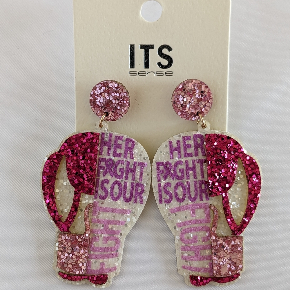 Pink Ribbon Glove Dangle Earrings - Her Fight Is Our Fight